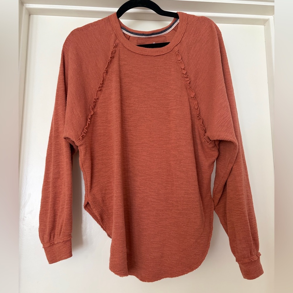 Anthropologie Rust Orange Long-Sleeve Ruffled Seam Sweatshirt XS